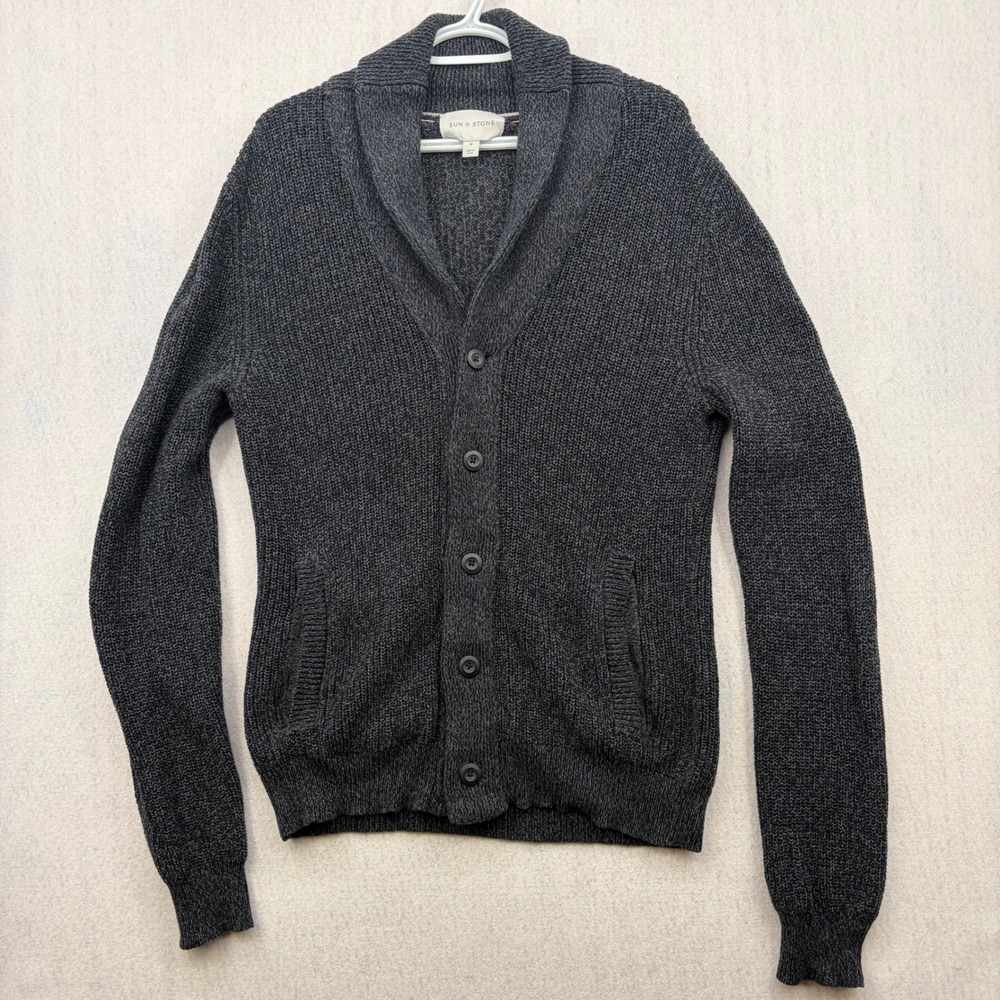 Sun + Stone Mens Medium Charcoal Gray Cotton Shawl Collar Cardigan Sweater